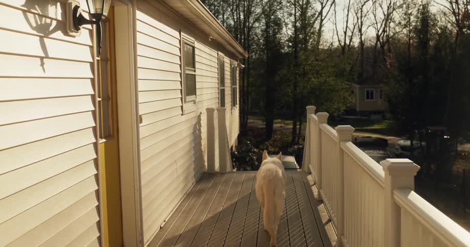 The dog walks on the porch of the home