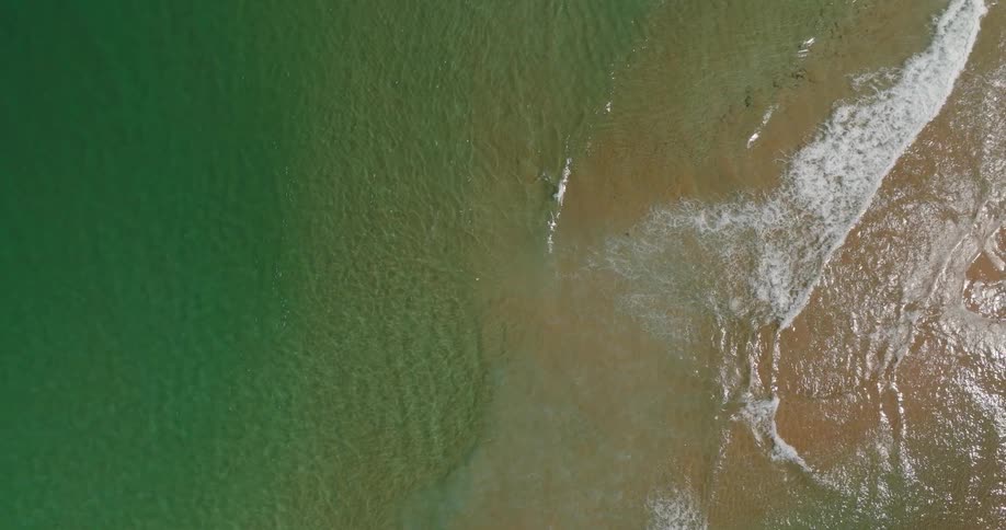 Aerial view of a beach with turquoise blue waters contrasting with the sand