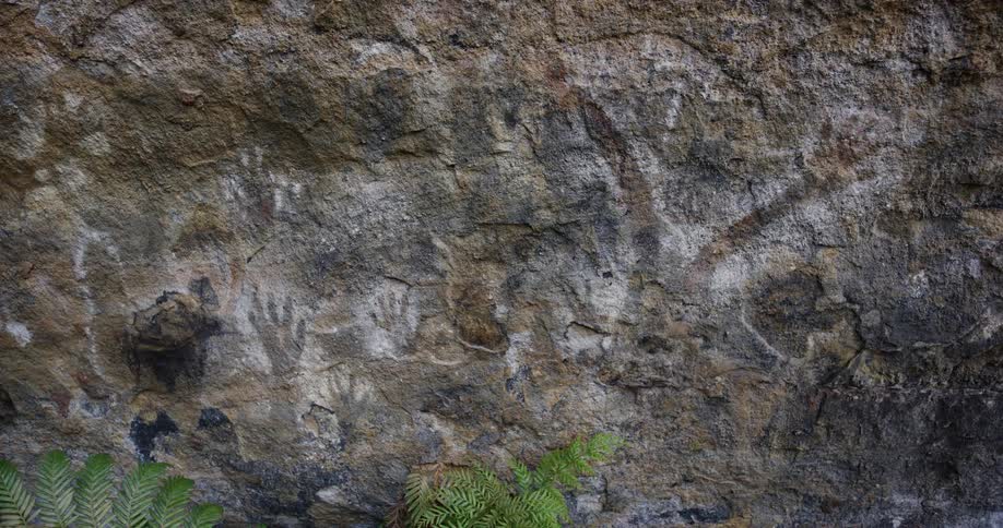 Natural rock wall with abstract hand fossil imprints