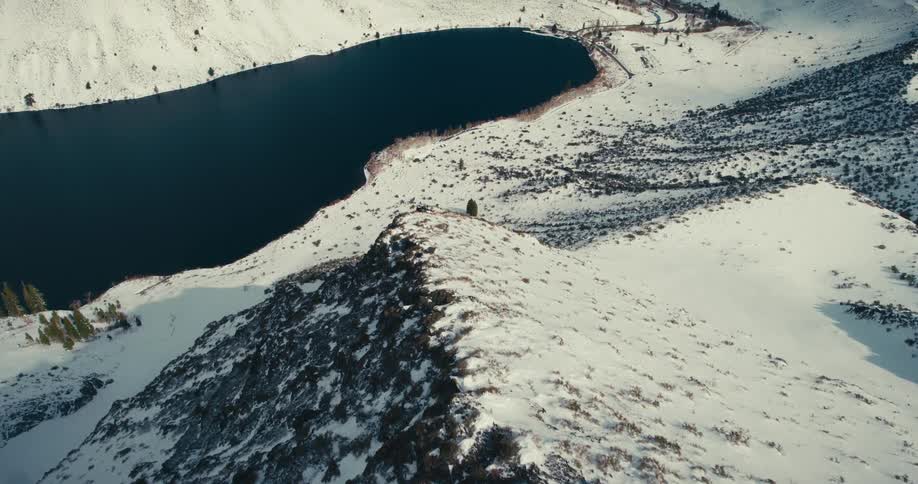Aerial shot of a blue lake surrounded by snowcapped mountains