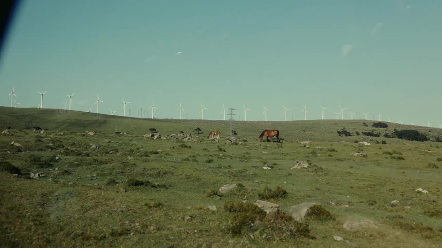 View from the window of a moving car to mountains with green pastures