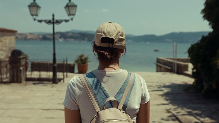 View of a woman from behind overlooking a beach landscape