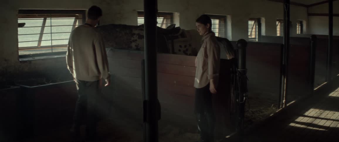 A man and a woman talking next to a horse inside a stable