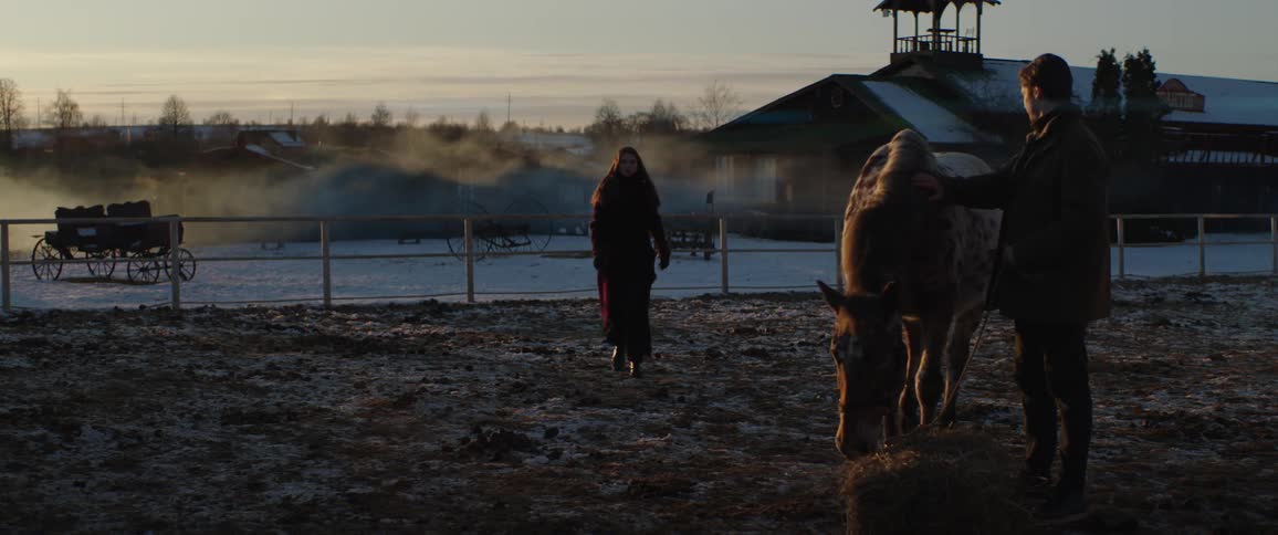 A woman walks over to a man standing next to a horse