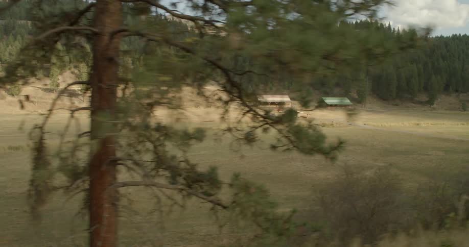 A view of a country area that has a house and a couple of trees