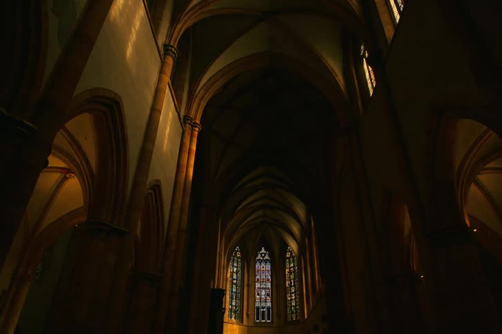 The church has long stained glass windows