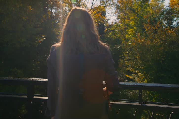 A woman with long hair stands alone on a bridge gazing into a sunlit forest with autumn leaves