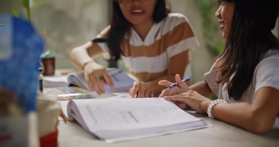 Two sisters sitting at the table studying with books