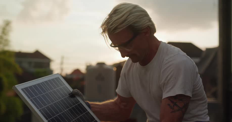 A person with a tattoo on the left arm is installing a solar panel while wearing a white tshirt with a background of rooftops and a cloudy sky