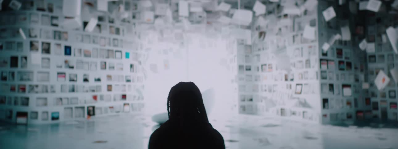 Silhouette of a woman walking in a room with the walls covered in photographs