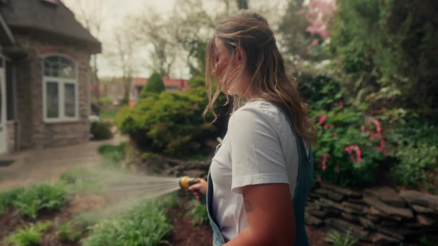 Woman watering her garden with a spray nozzle in her backyard