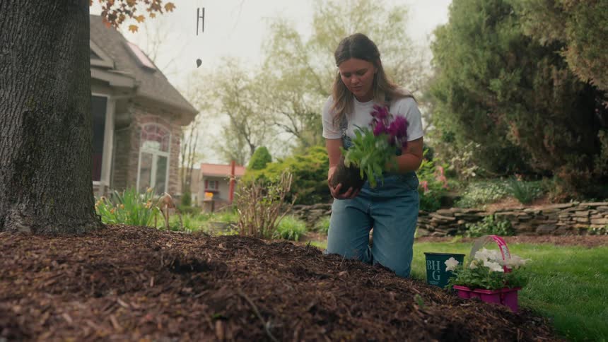 A woman kneeling on the ground removing a flowering plant from a pot and planting it in the soil