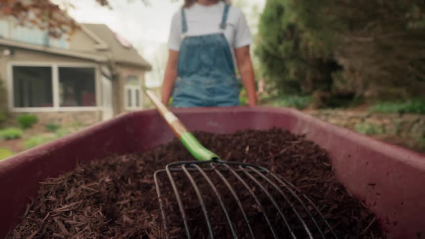 Person in blue overalls is standing in front of a wheelbarrow full of soil and a garden fork in a yard near a house