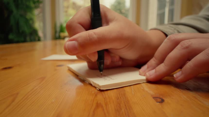 Closeup of a person writing a list with a pen in a book