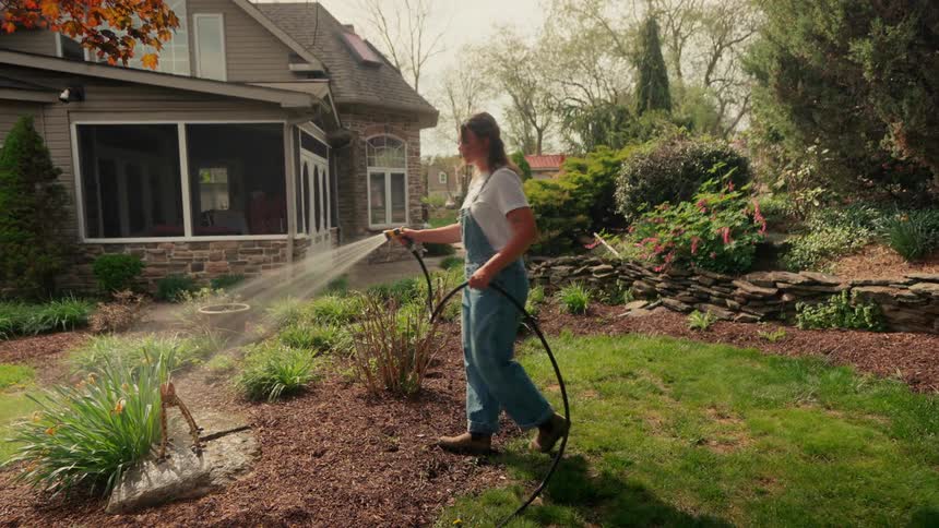 Woman with a hose watering plants in a backyard