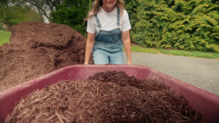 A woman rakes soil into a wheelbarrow and pushes it