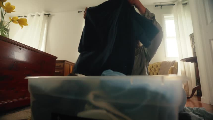 A woman folds clothes inside a box while sitting on the bedroom floor at daytime