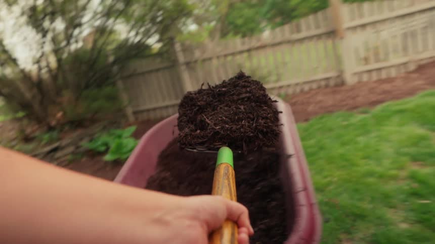 Point of view scooping soil from wheelbarrow with rake and dumping on pile of soil on ground