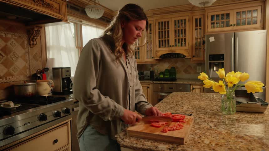 A woman is chopping tomatoes on a cutting board on the kitchen island