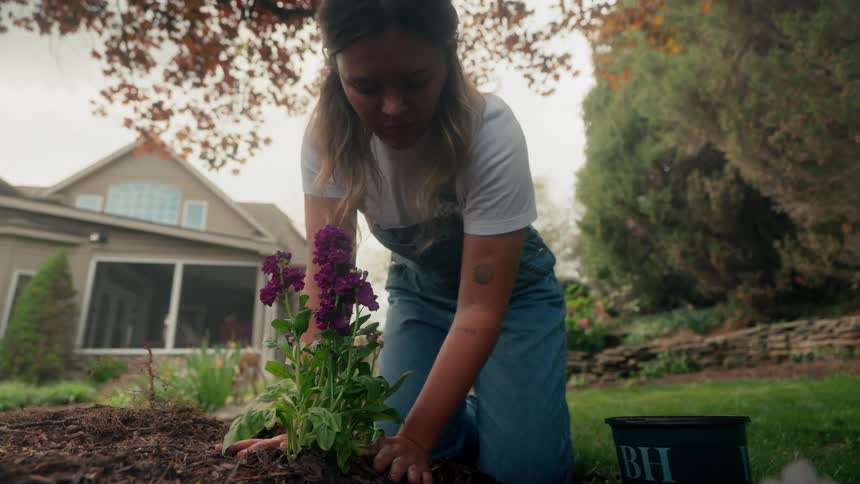 A young woman in a white t shirt and denim overalls kneels in a garden carefully planting a purple flowering plant with a house and trees in the background under an overcast sky