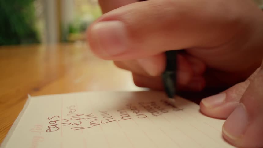 Close up person writing shopping list on small notepad and scratching off couple items