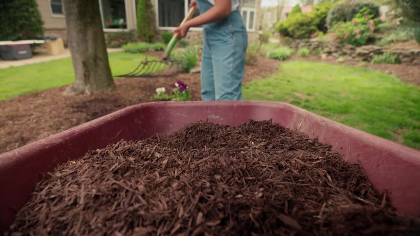 A person in overalls is shoveling mulch into a wheelbarrow in a backyard garden