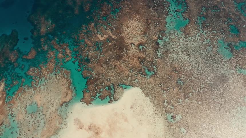 Aerial shot of a turquoise blue sea surrounding the ground