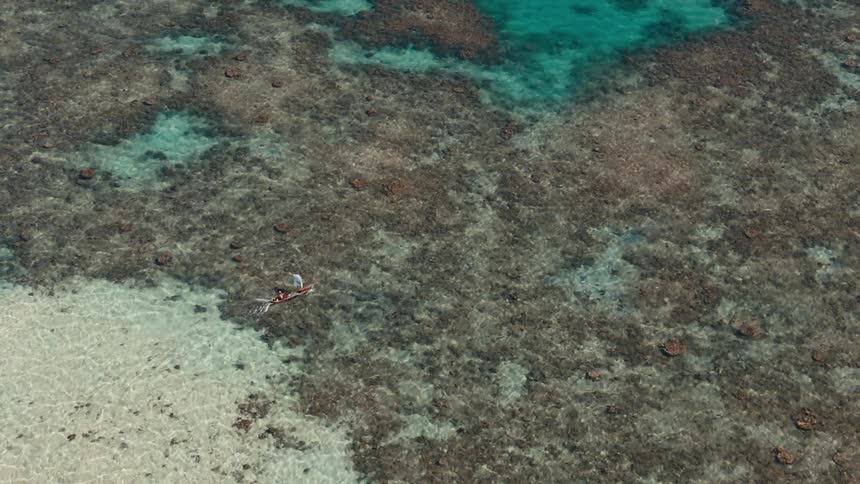 Kayaking aerial in crystal clear water over sandy ocean surface and coral reefs