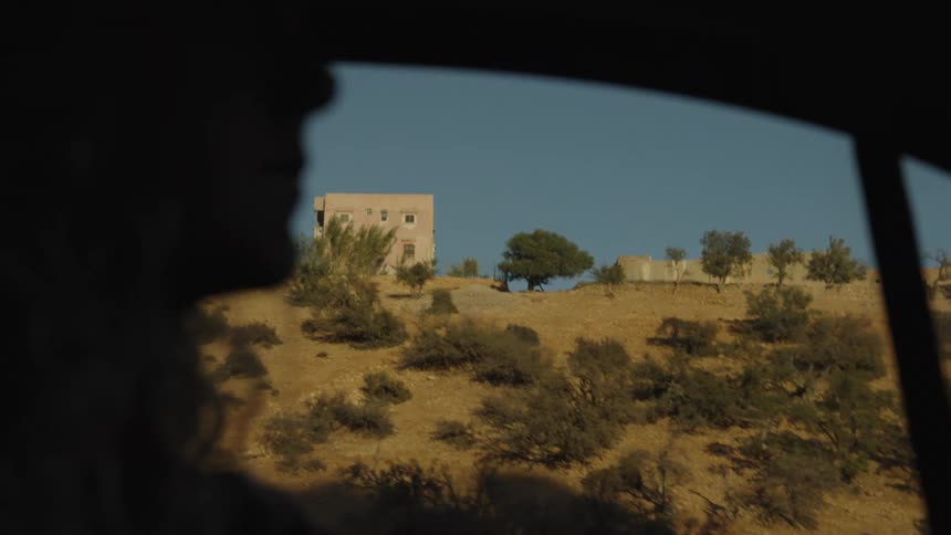 Woman driving her vehicle through a desert landscape