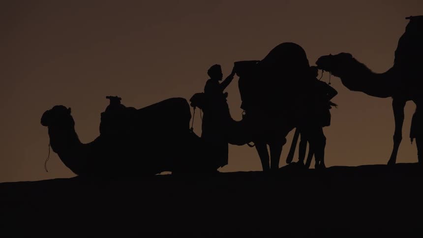 Silhouetted figures of four people and camels stand on a desert ridge at dusk creating a dramatic and serene scene