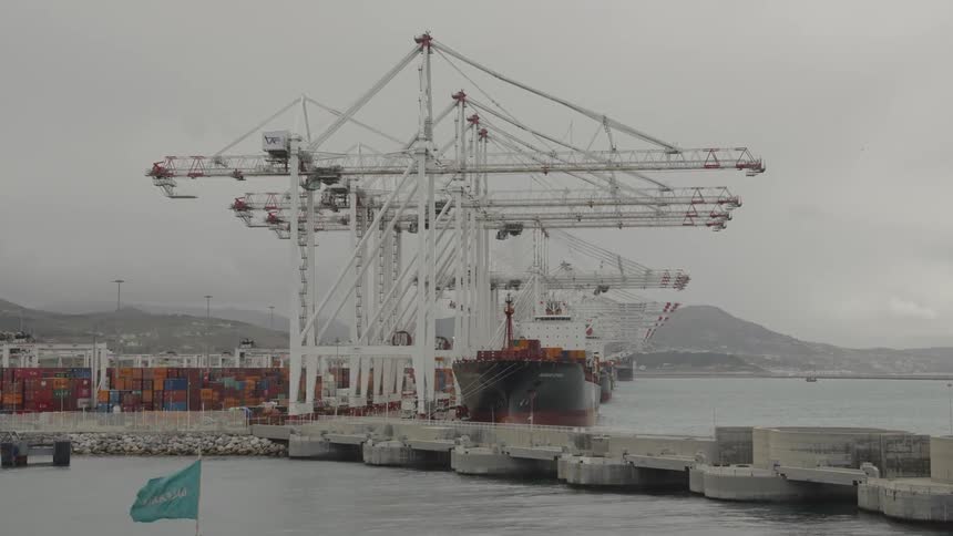 Cargo ships dock at a busy port with towering cranes and stacked containers under a cloudy sky