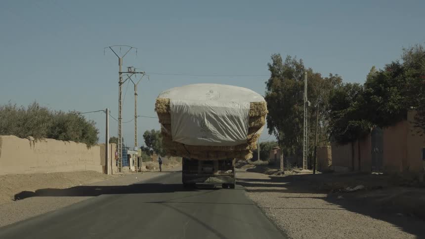 Back of a moving loaded truck with white cover on a sunny day