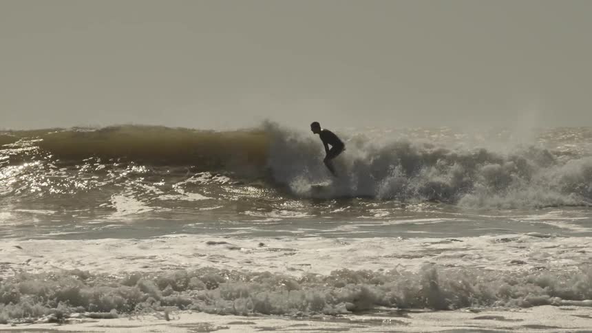 Several silhouetted surfers ride backlit waves in a sparkling ocean with one surfer successfully riding a wave as whitewater crashes around them