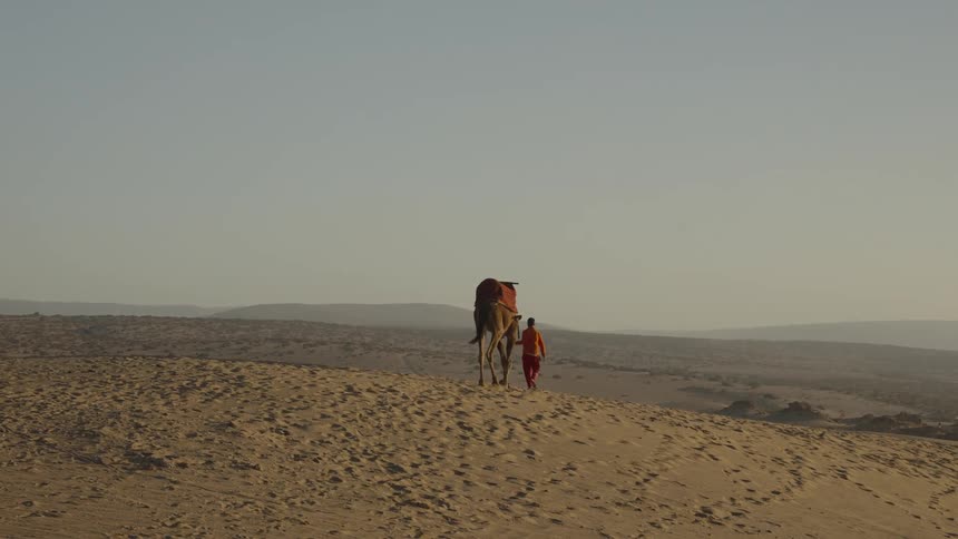 A man walks with a camel in the desert