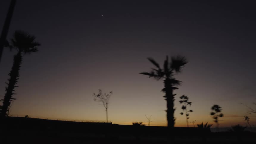 A sky with a waning moon and trees along the path