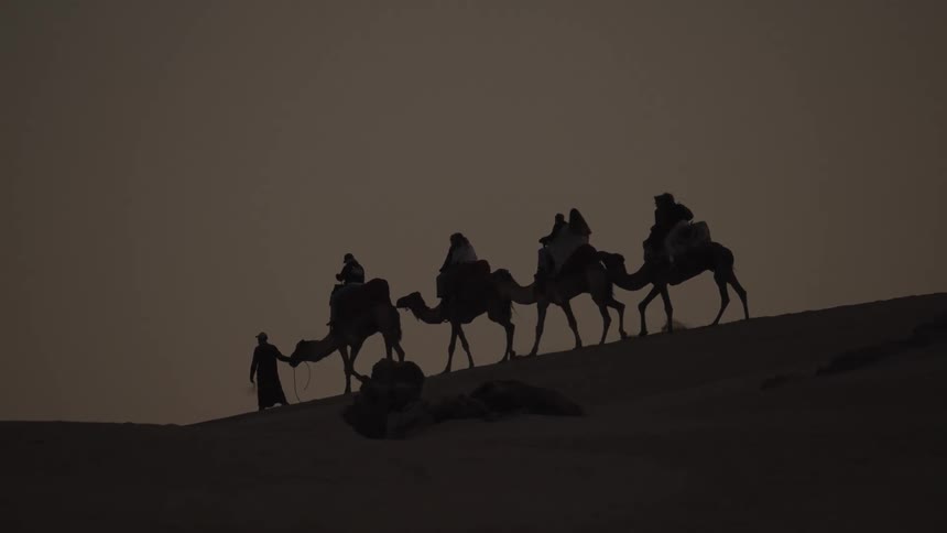 A camel caravan crosses a sand dune at dusk silhouetted against the dimming sky