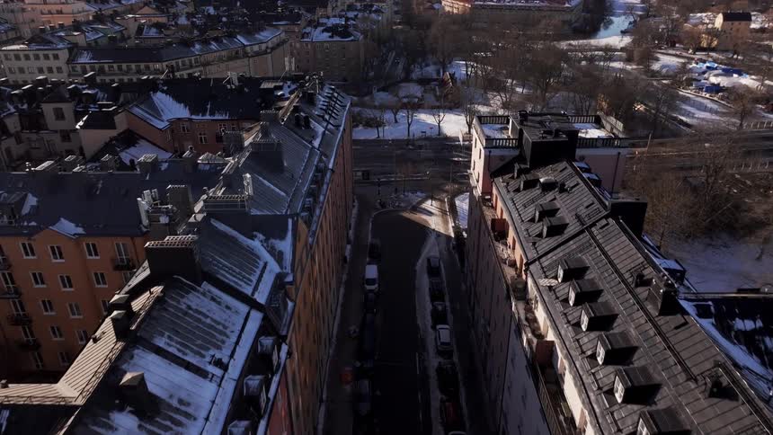 Aerial panorama of a snowy urban city