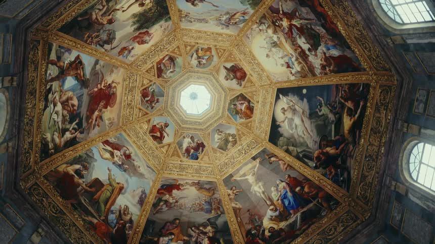 The camera orbits beneath a beautifully painted octagonal dome ceiling in a grand religious building