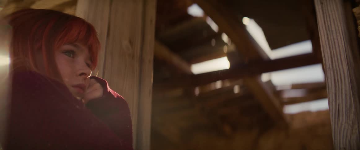 A teen girl sits thoughtfully in a rustic wooden structure bathed in golden sunbeams streaming through its broken planks