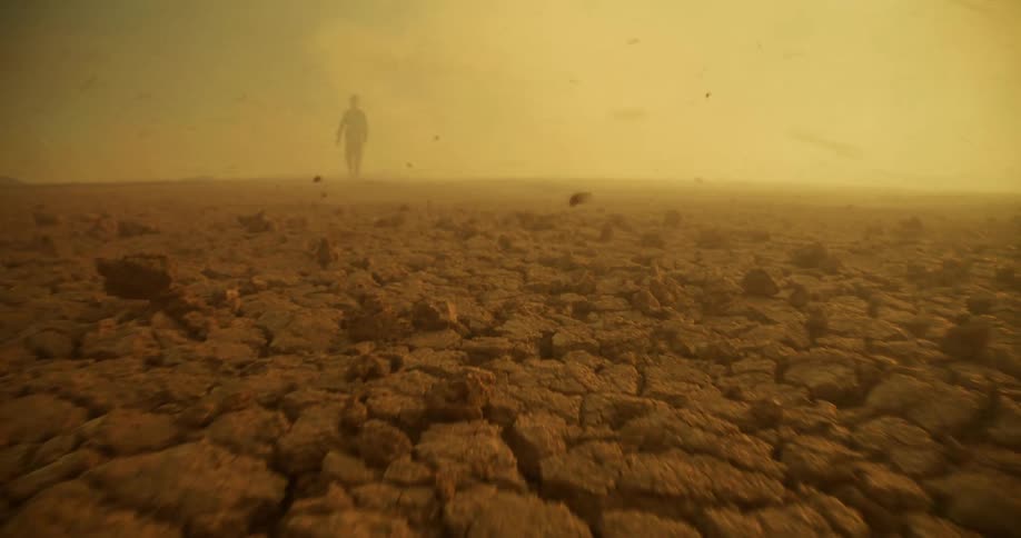 A solitary figure trudges across a cracked desert as fierce winds whip dust and debris into the air