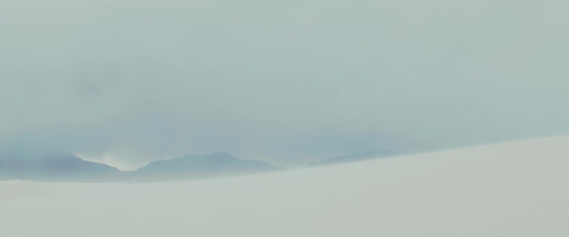 A pale hazy snowy landscape extends into the distance with muted mountain silhouettes emerging beneath a veil of soft diffused cloud cover