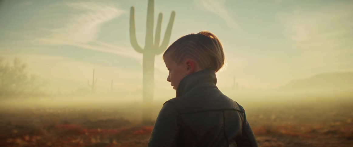 A boy walks alone on a foggy path surrounded by towering trees with a warm glow of light filtering through the mist