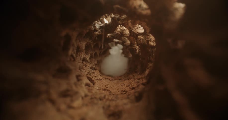 A closeup view of a tunnellike structure with rough organic woodlike walls perforated with holes that filter soft light suddenly engulfed in thick white smoke