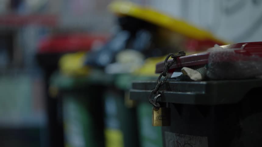 A black garbage bin secured with a chain and padlock sits in focus before a row of blurred colorful bins