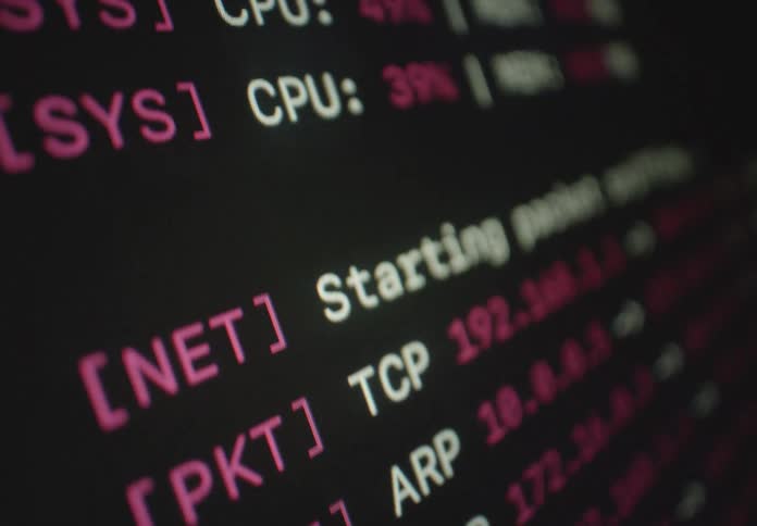 Closeup of a screen showing network packets and protocols like tcp udp and icmp
