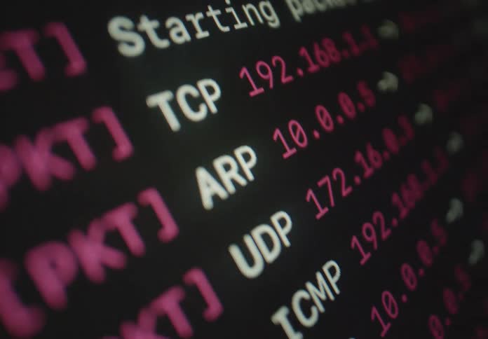 A display shows a series of programming terms such as cpu tcp arp udp and others each with their corresponding percentages