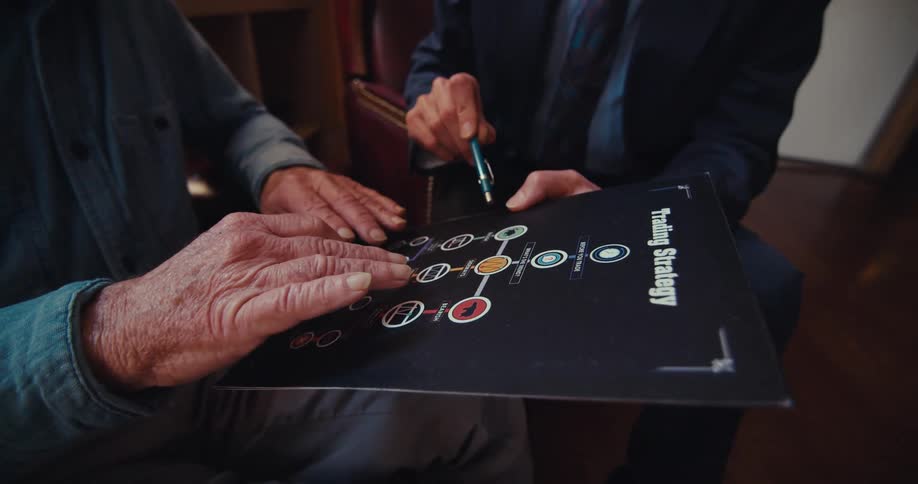Two individuals are reviewing a trading strategy flowchart printed on a black surface with one person pointing at a central node with a pen
