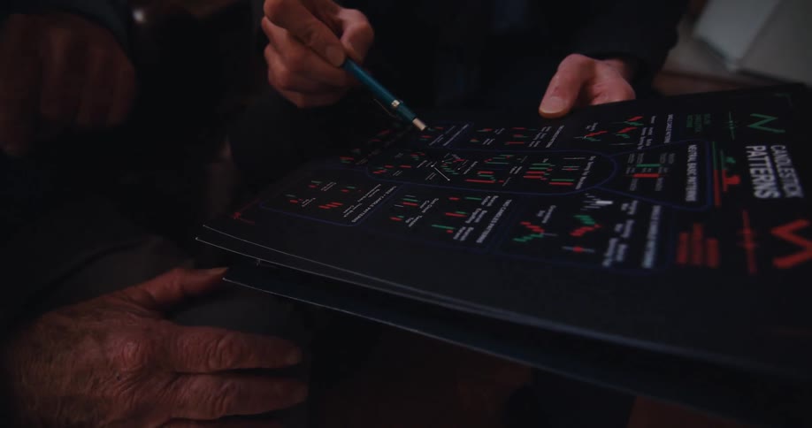A healthcare professional uses a pen to point out details on a patient chart while explaining it to an elderly man likely during a home visit