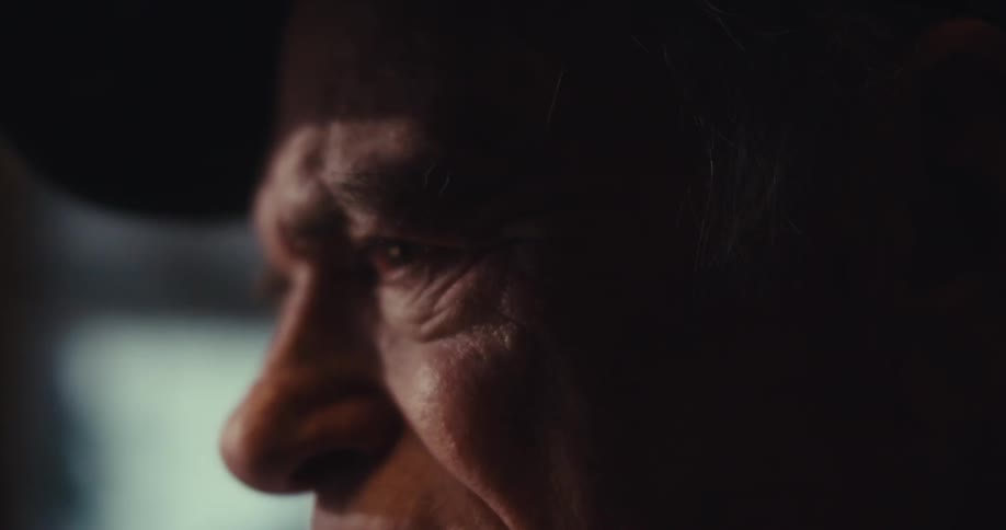 A closeup of an elderly man wearing a hat his facial expression thoughtful and content