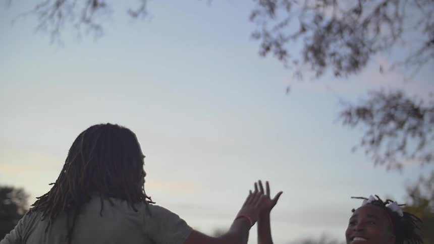 A man and girl high five in a field at sunset